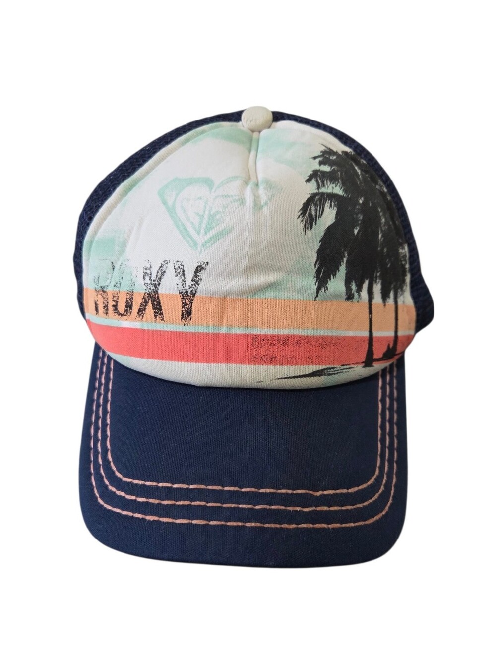 Roxy Navy Trucker Hat with Coral & Mint Sunset Stripes